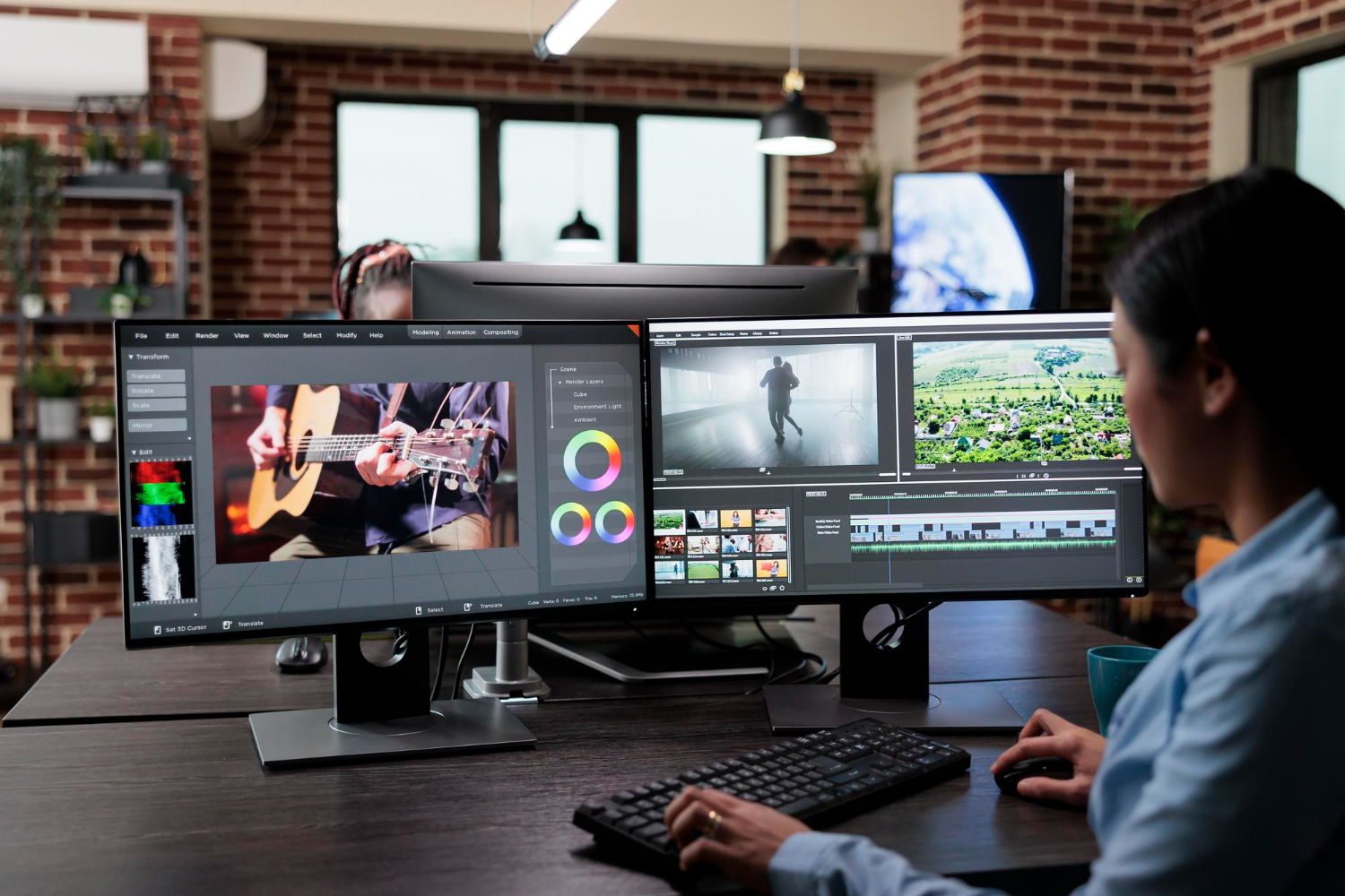 creative company professional movie footage editor sitting multi monitor workstation while editing film frames expert videographer improving video quality using specialized software